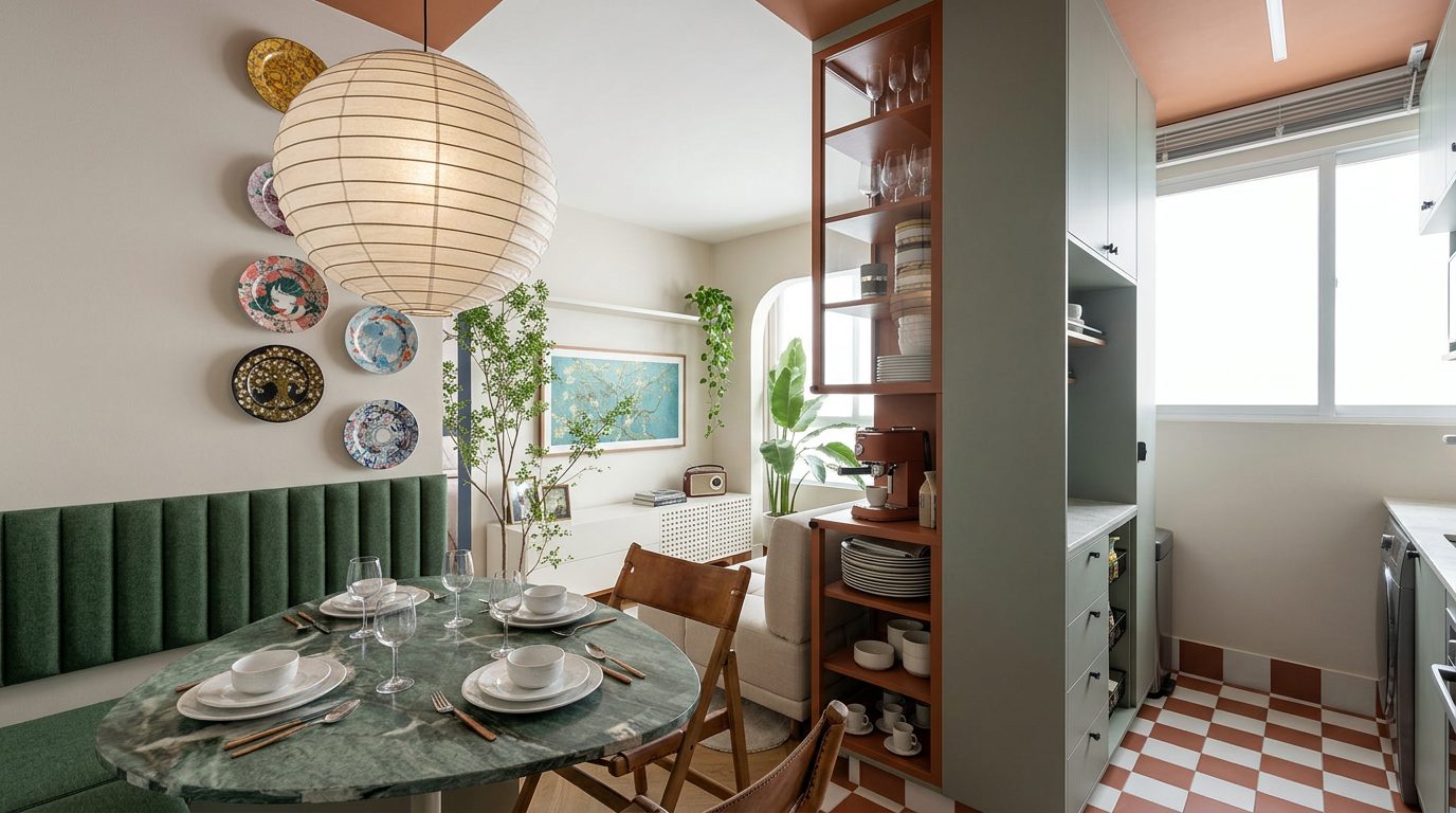 O lar da Laleska — sala de jantar com mesa de mármore verde e pratos decorativos na parede
